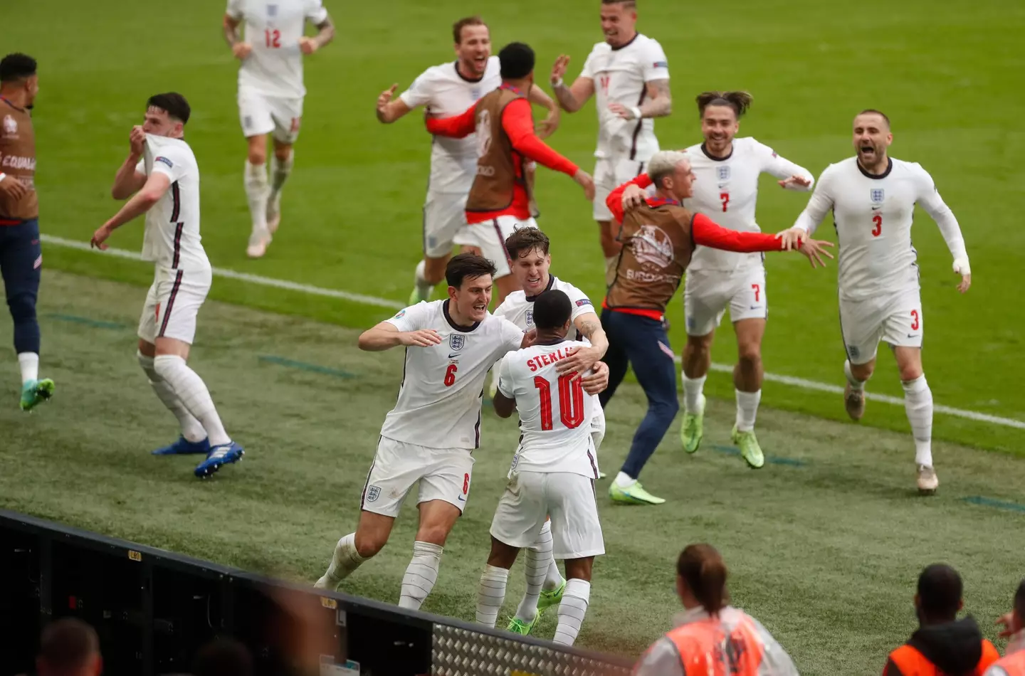 England players celebrate during the win over Germany in Euro 2020. Image: Alamy
