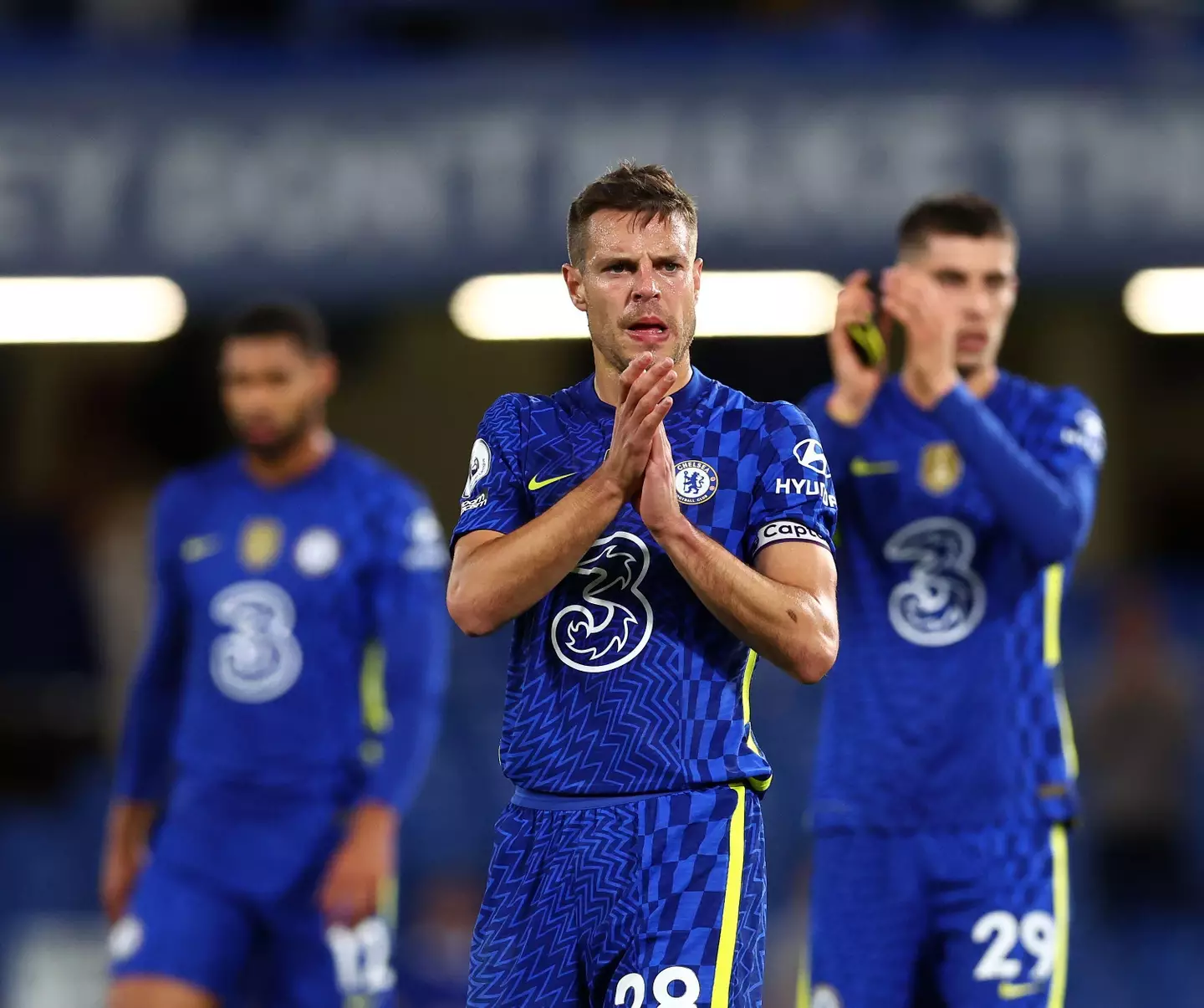 Cesar Azpilicueta applauds Chelsea fans after their match against Leicester City. (Alamy)