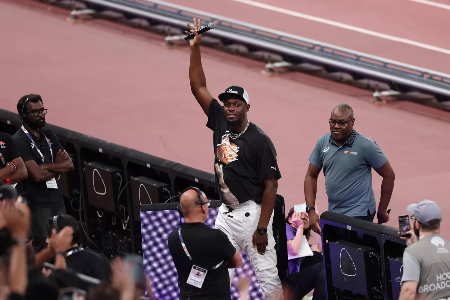 Usain Bolt acknowledges the crowd at the 2025 World Athletics Championships. Image: Getty