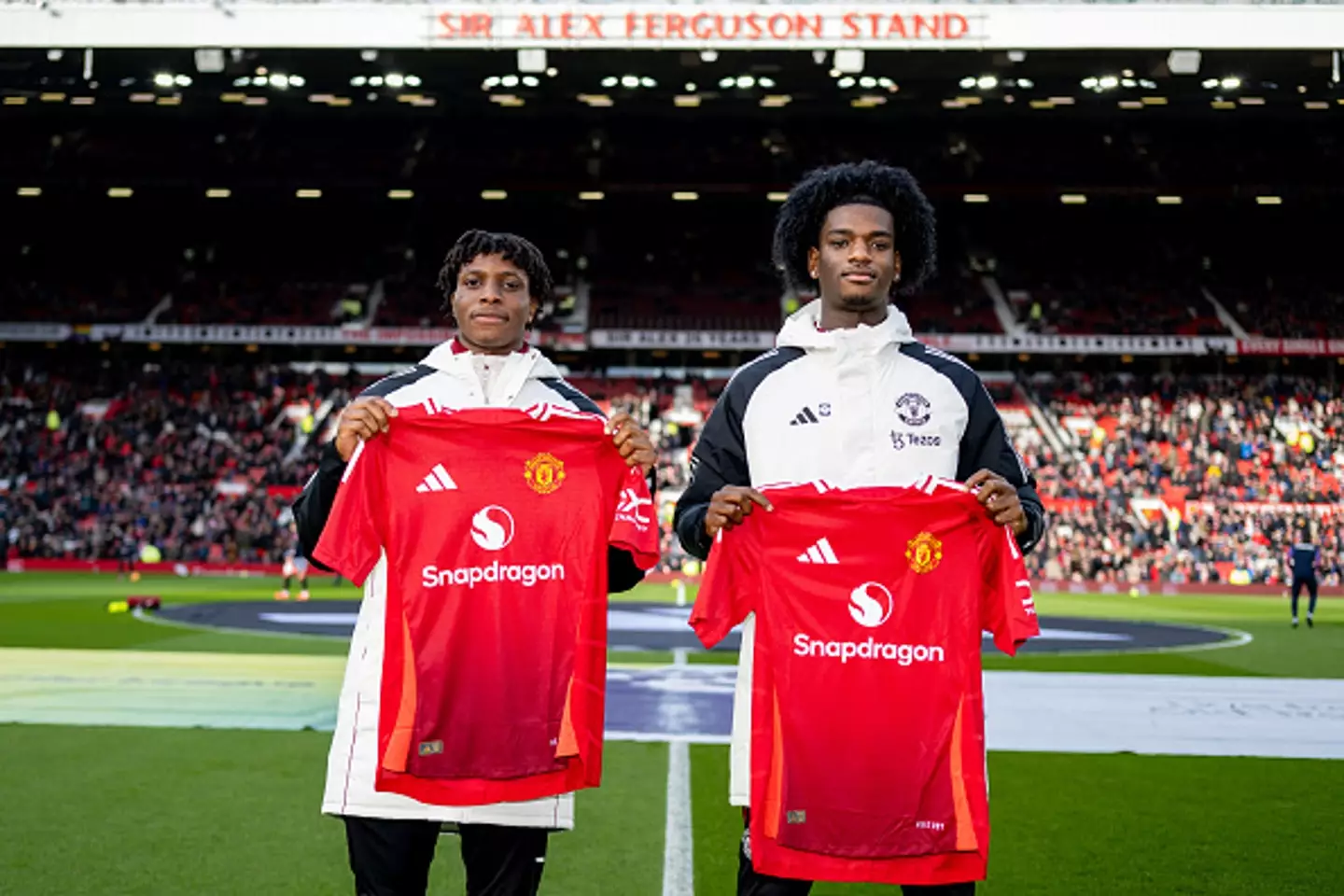 Heaven (pictured alongside Patrick Dorgu) signed for United from Arsenal in February 2024 (Image: Getty)