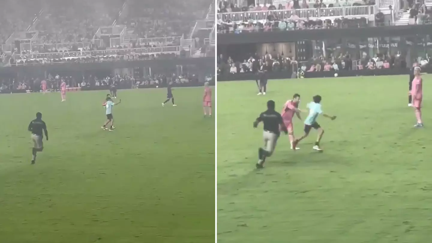 Lionel Messi helps young fan after he invades pitch during Inter Miami's MLS clash against Charlotte FC