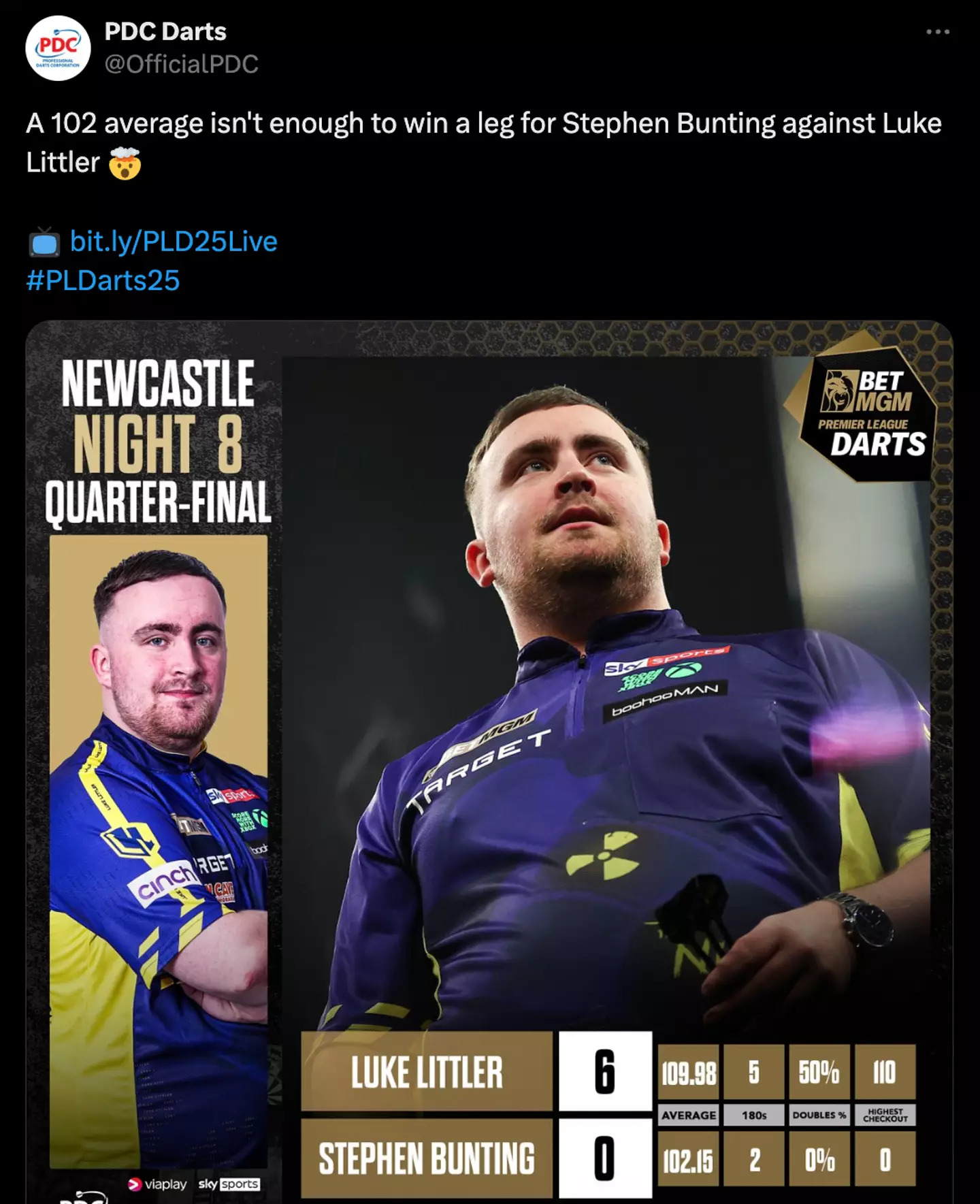 Littler beat Bunting 6-0 in Newcastle (Image: PDC/Twitter)