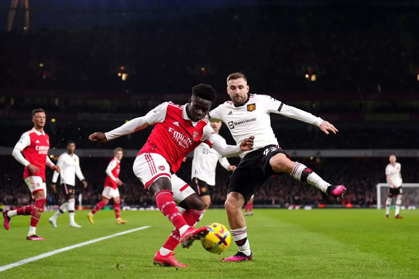 Shaw had a torrid afternoon against Bukayo Saka. Image: Alamy