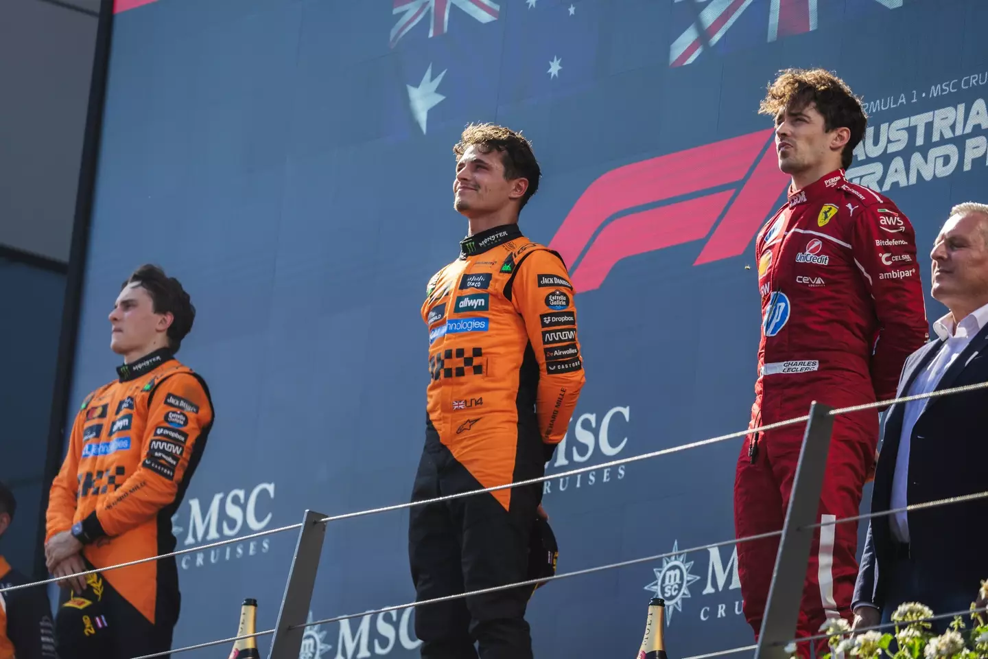 Lando Norris won the Austrian Grand Prix ahead of Oscar Piastri and Charles Leclerc on Sunday. Image: Getty