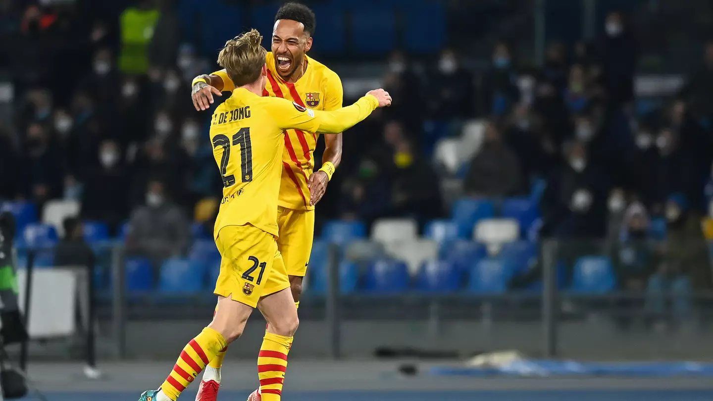 Frenkie de Jong of FC Barcelona, Pierre-Emerick Aubameyang of FC Barcelona celebrating a goal during the UEFA Europa League. (Alamy)