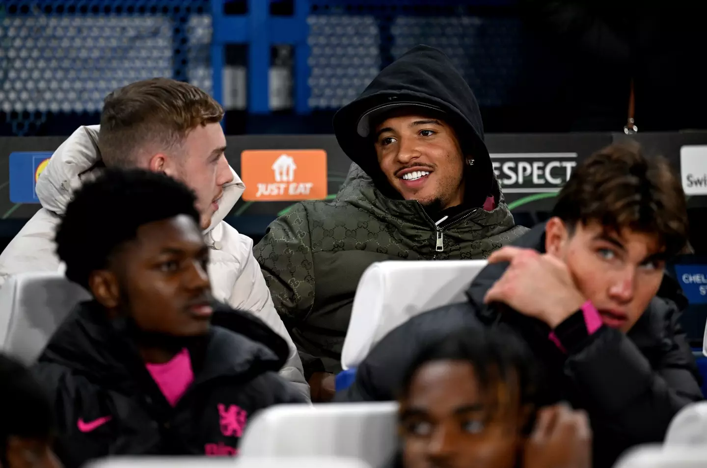 Jadon Sancho watches Chelsea's 8-0 thrashing of Noah from the stands. Image: Getty