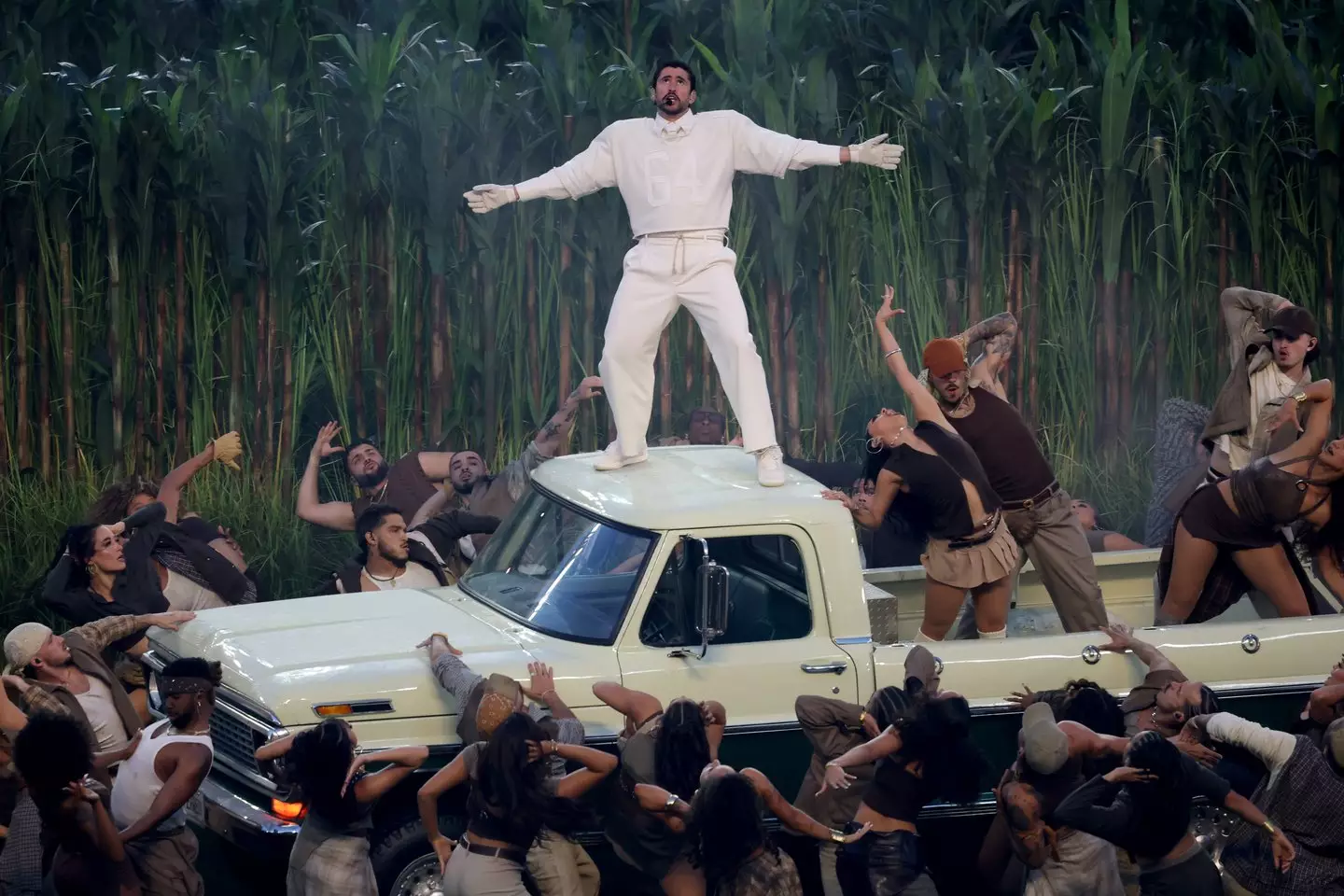 Bad Bunny was joined by a series of guests for his Super Bowl halftime show. Image: Getty