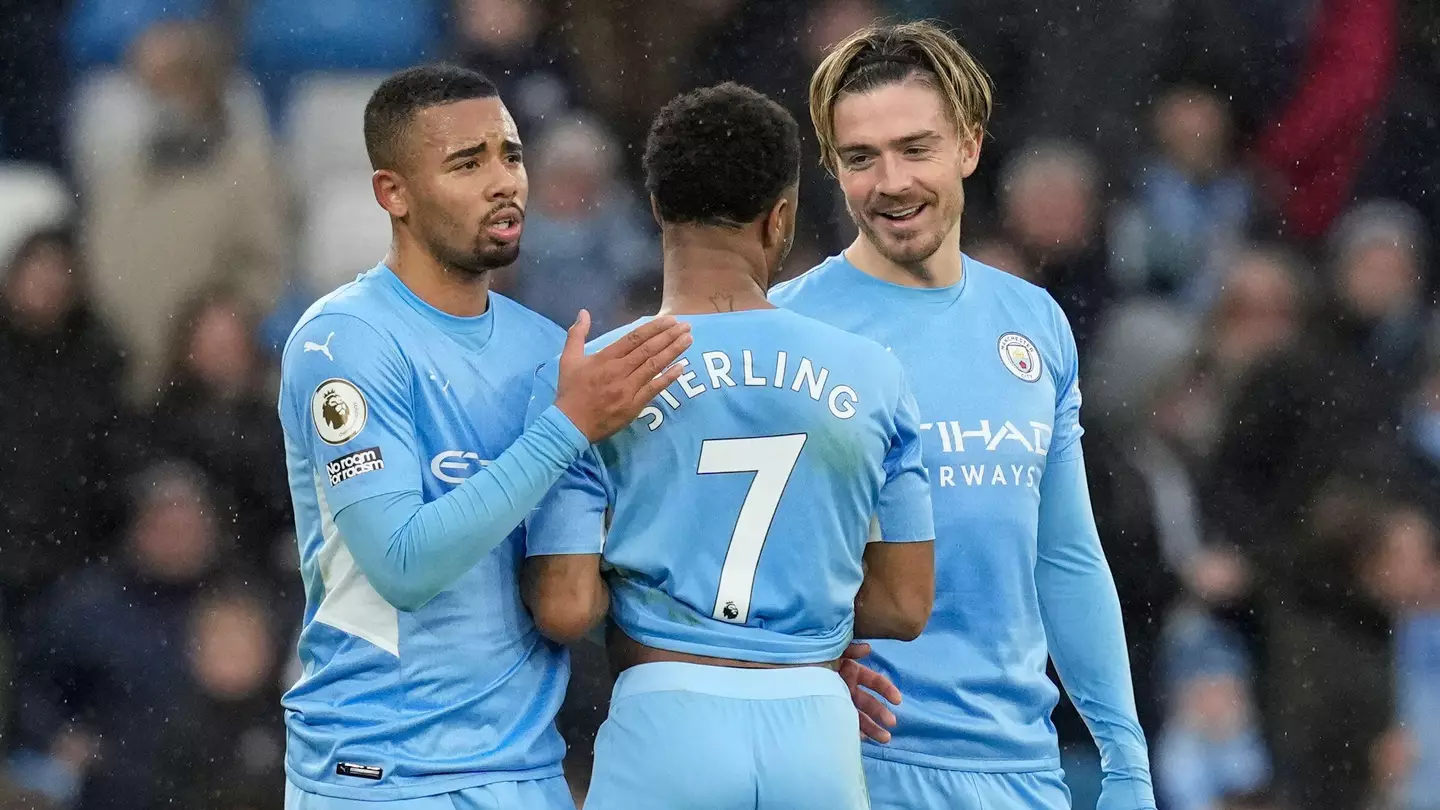 Raheem Sterling of Manchester City is congratulated by Gabriel Jesus and Jack Grealish of Manchester City during the Premier League. (Alamy) match at the Etihad Stadium, Manchester.