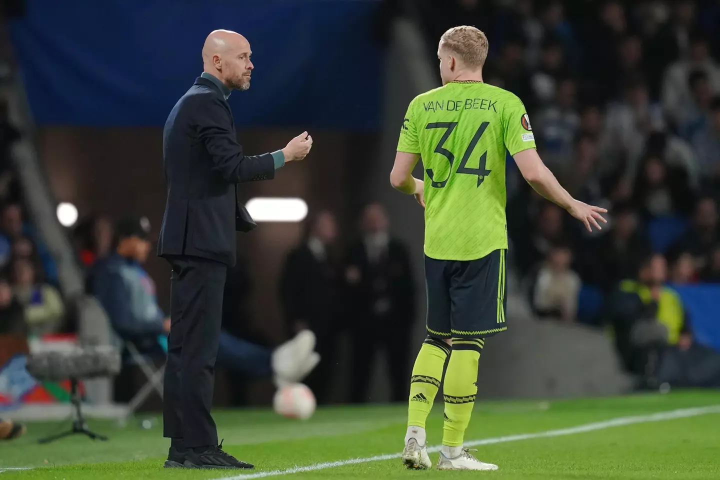 Van de Beek and Ten Hag during Thursday's 1-0 win over Real Sociedad. (Image