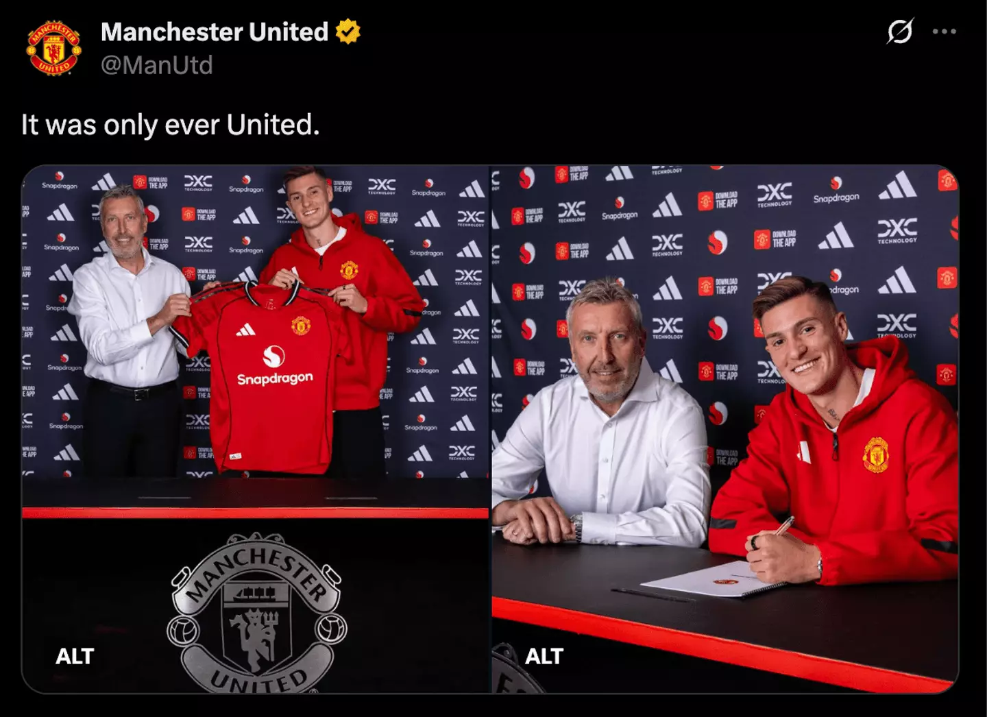 Benjamin Sesko signs his Man Utd contract alongside sporting director Jason Wilcox (Image: Twitter/@ManUtd)