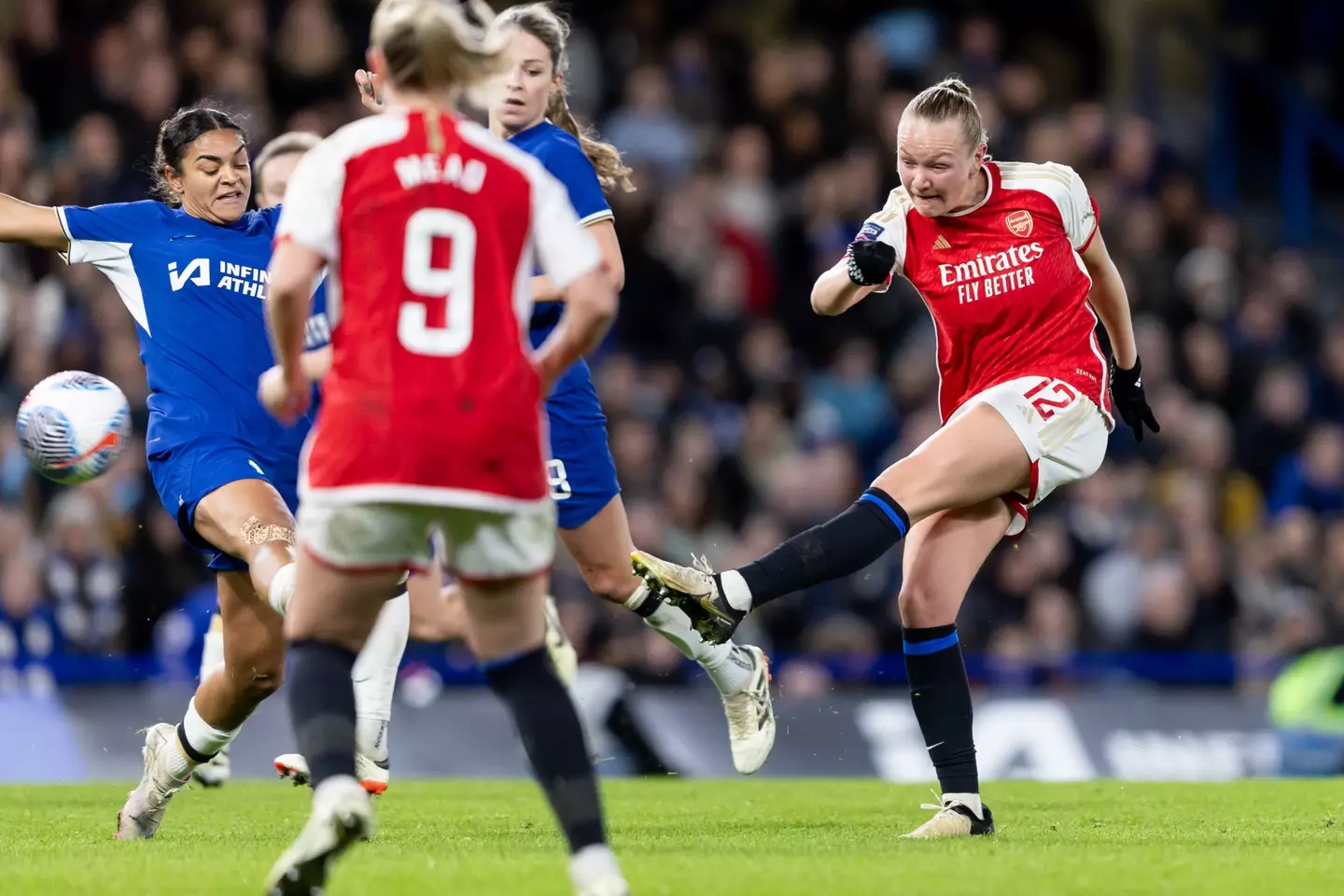 Frida Maanum of Arsenal Women shoots during the WSL clash with Chelsea Women.