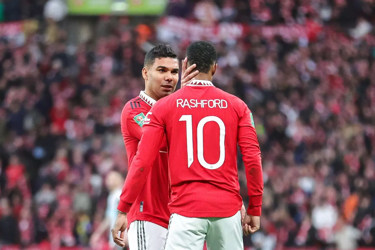 Marcus Rashford and Casemiro celebrate against Newcastle United. Image: Alamy