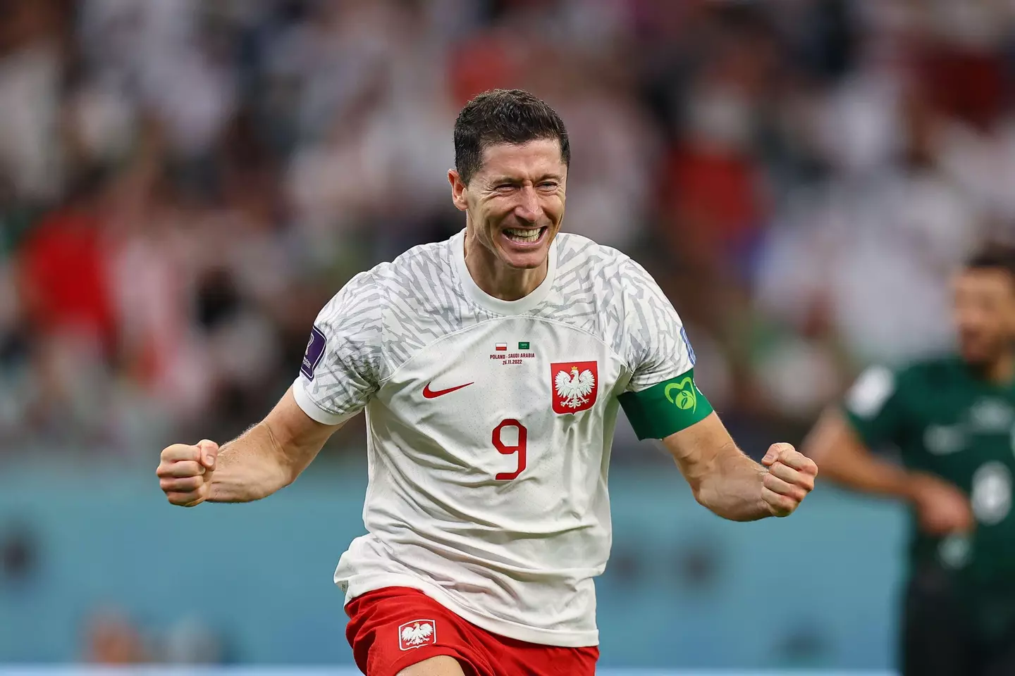 Robert Lewandowski celebrates after scoring his first World Cup goal. Image: Alamy 