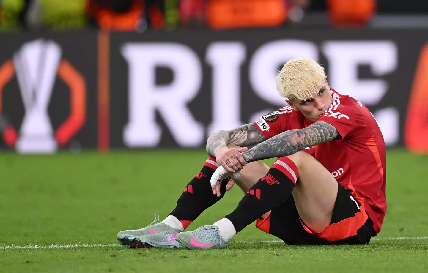 Alejandro Garnacho was left disappointed after the final whistle. Image: Getty