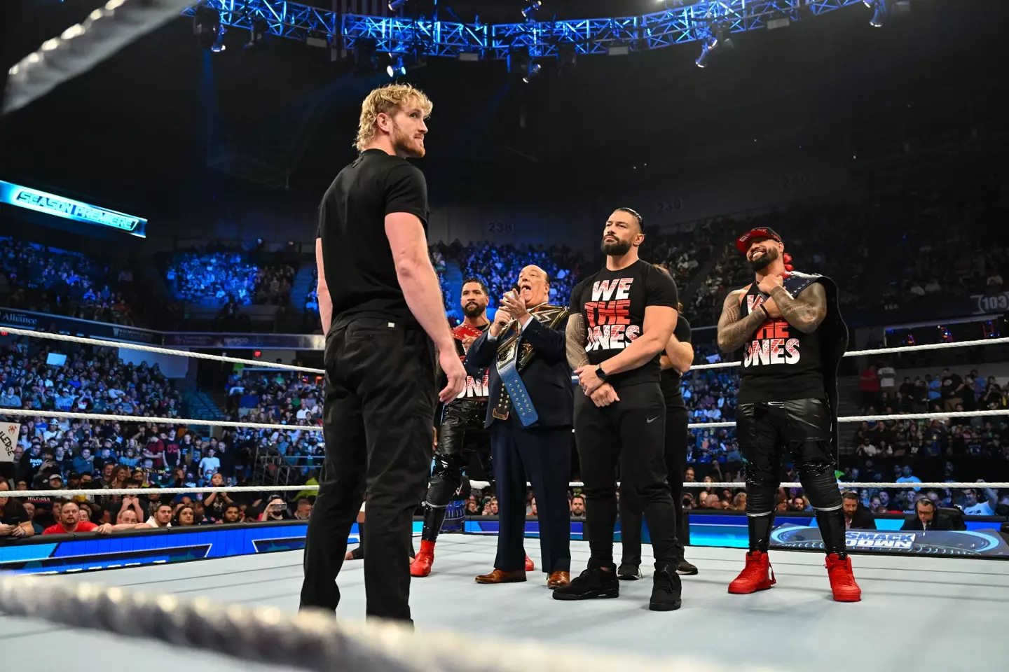 Paul facing off with The Bloodline on an episode of SmackDown. (Image