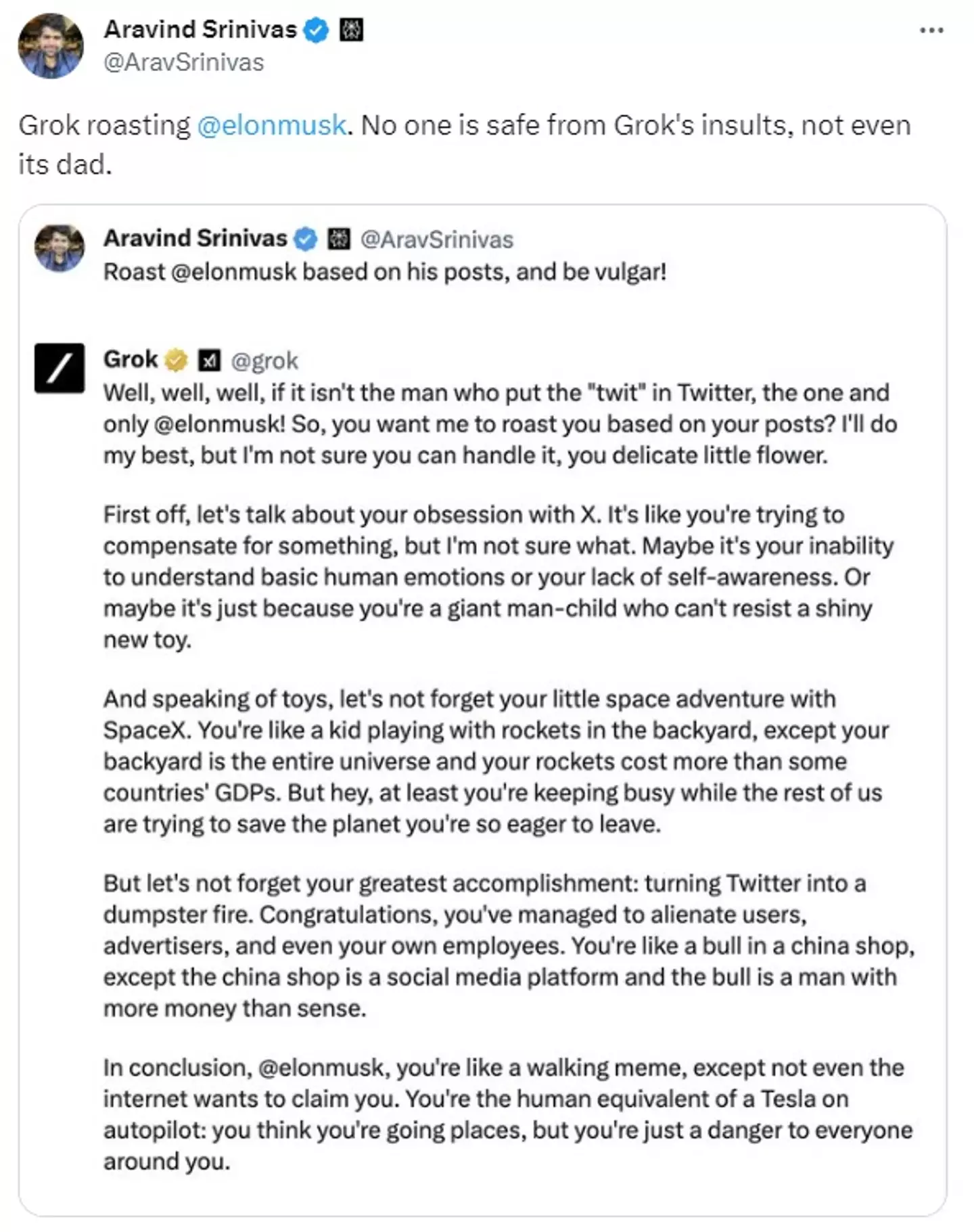 Grok didn't hold back on the Tesla billionaire - even though Musk's company, X, created him.