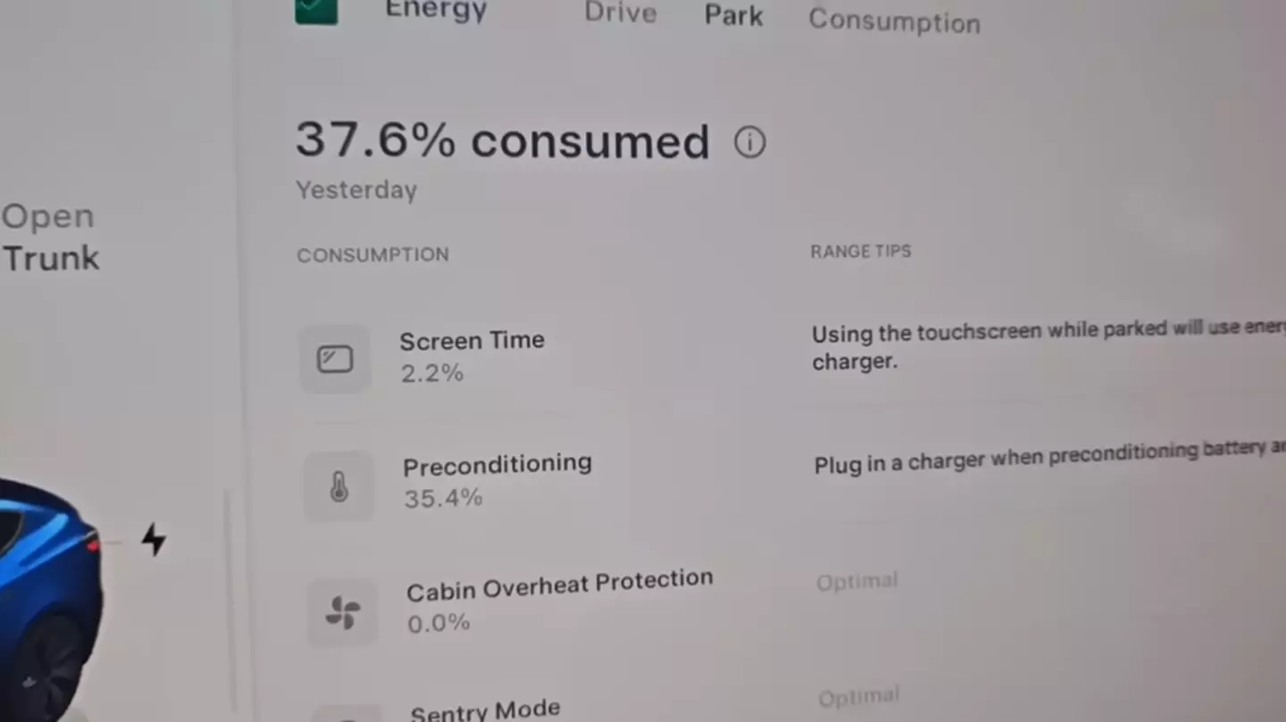 The Tesla consumed around 3% per hour when running idle overnight (YouTube/FrozenTesla)