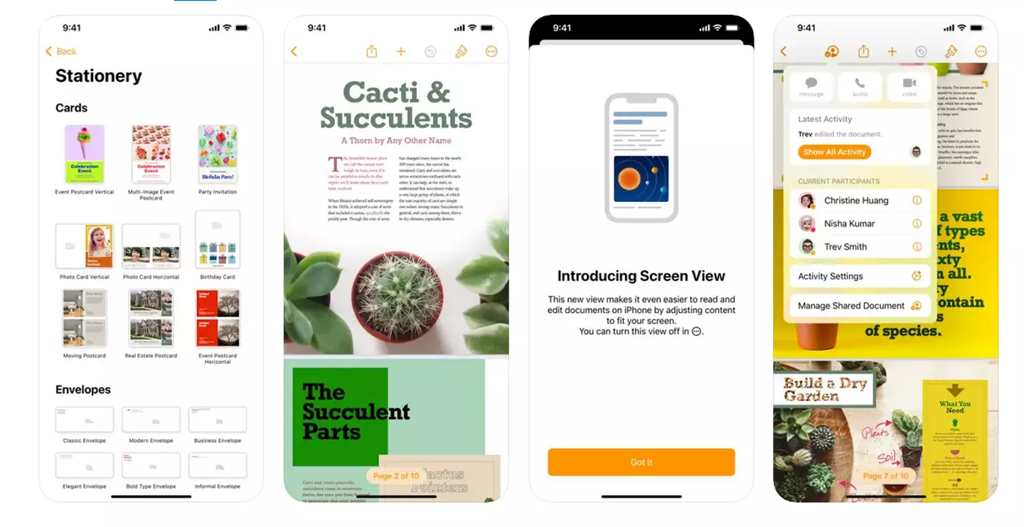 Screenshots of the Pages iPhone app (Apple)