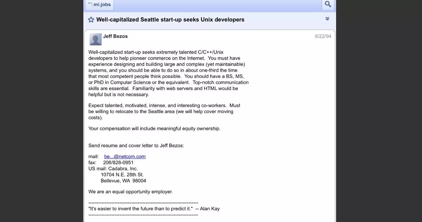 Jeff Bezos posted the advert all the way back in 1994 (Usenet)