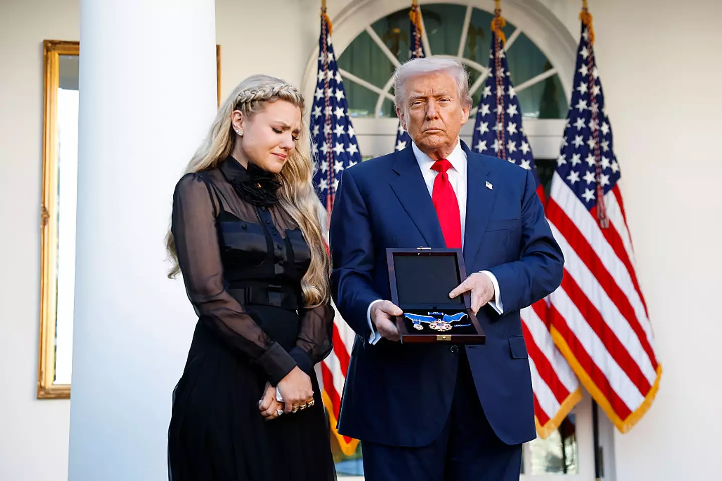 Trump presented Erika Kirk with the Medal of Freedom in the White House Rose Garden. (Kevin Dietsch/Staff/Getty)