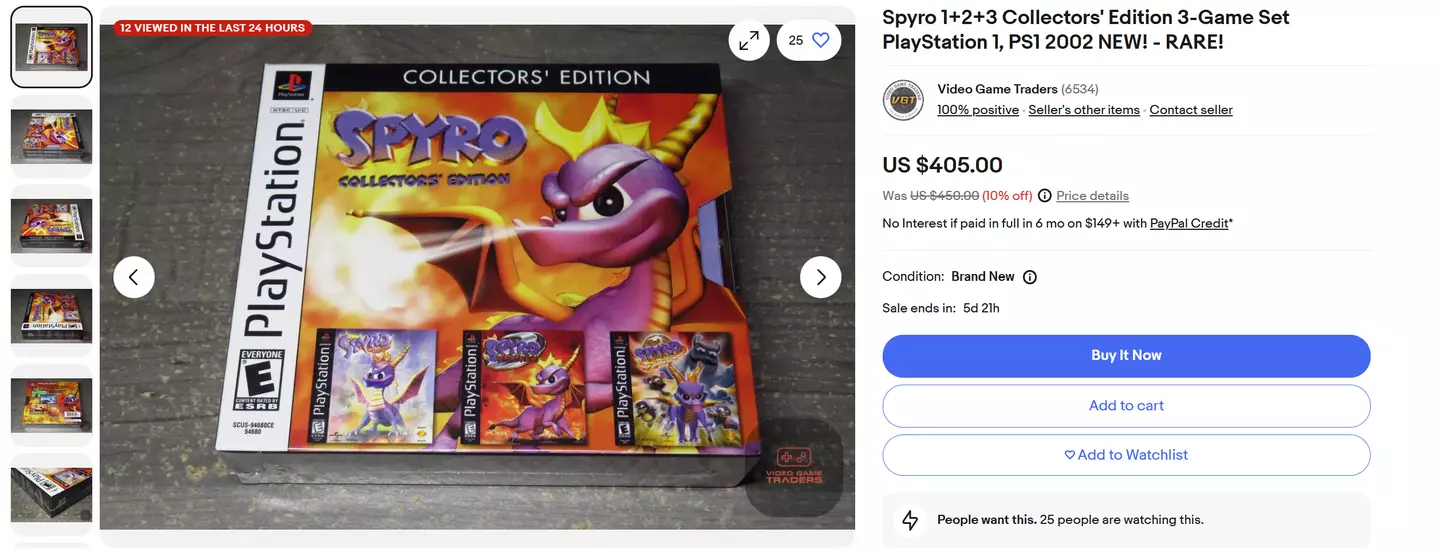 An eBay listing for Spyro 1+2+3 Collectors' Edition PlayStation 1 for $405.00 / eBay