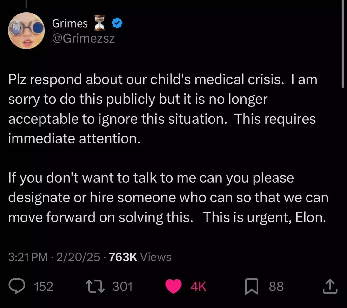 Grimes' originally post asked for her ex to urgently get in touch (X / Grimezsz)
