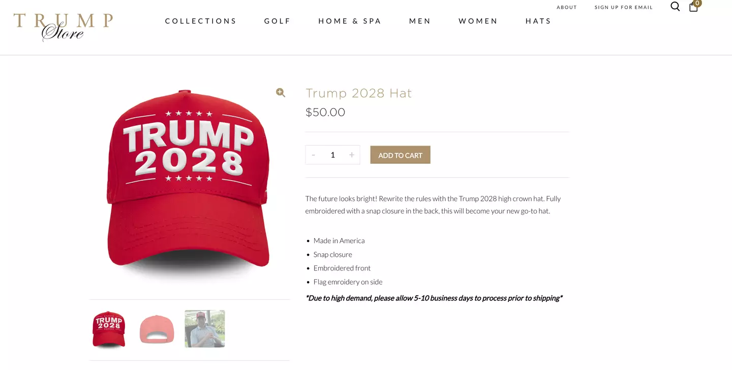 The hat is being advertised on Donald Trump's official merch store (Trump Store)