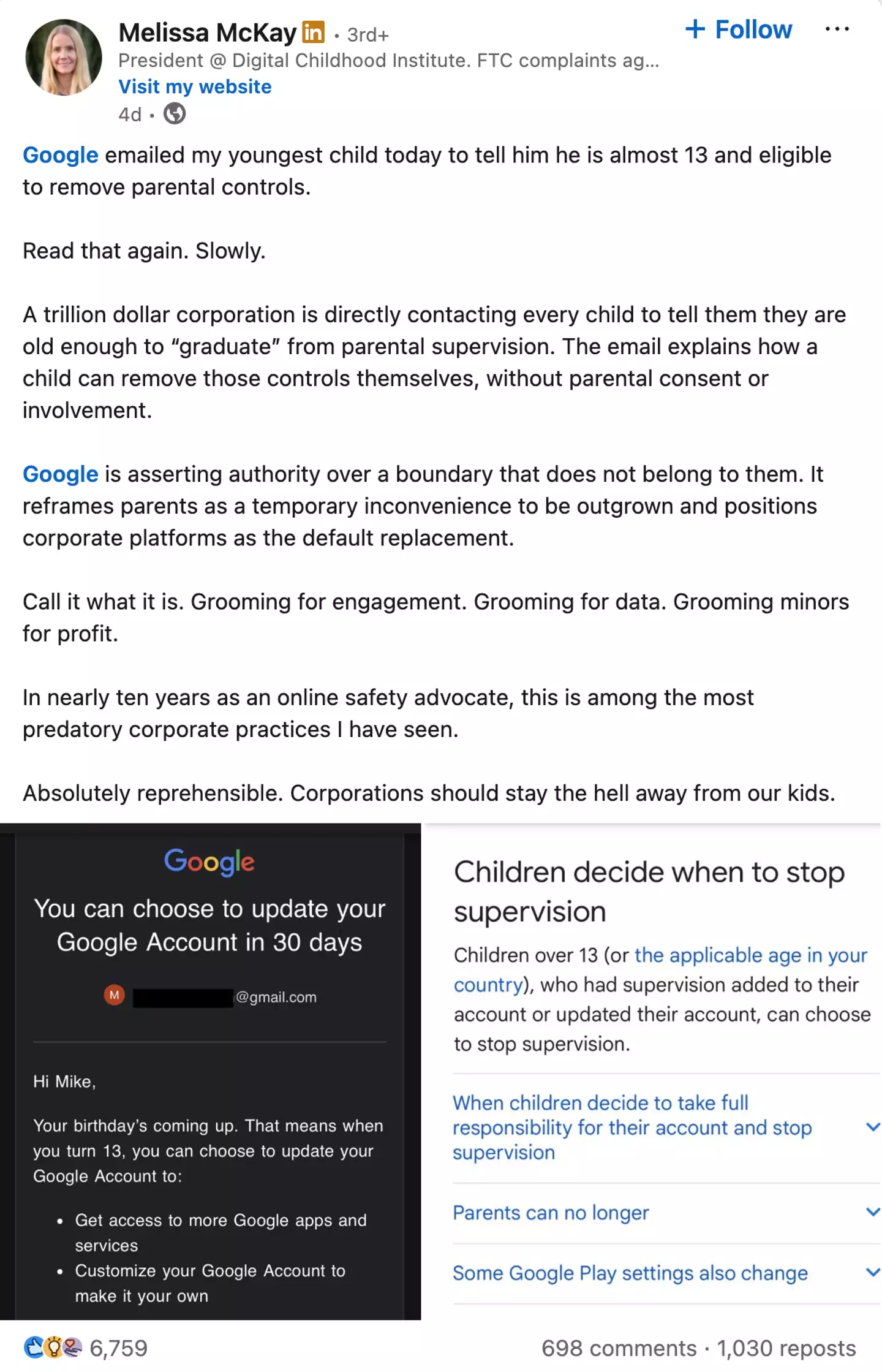 The expert has slammed Google for an email the company sent to her child (LinkedIn)