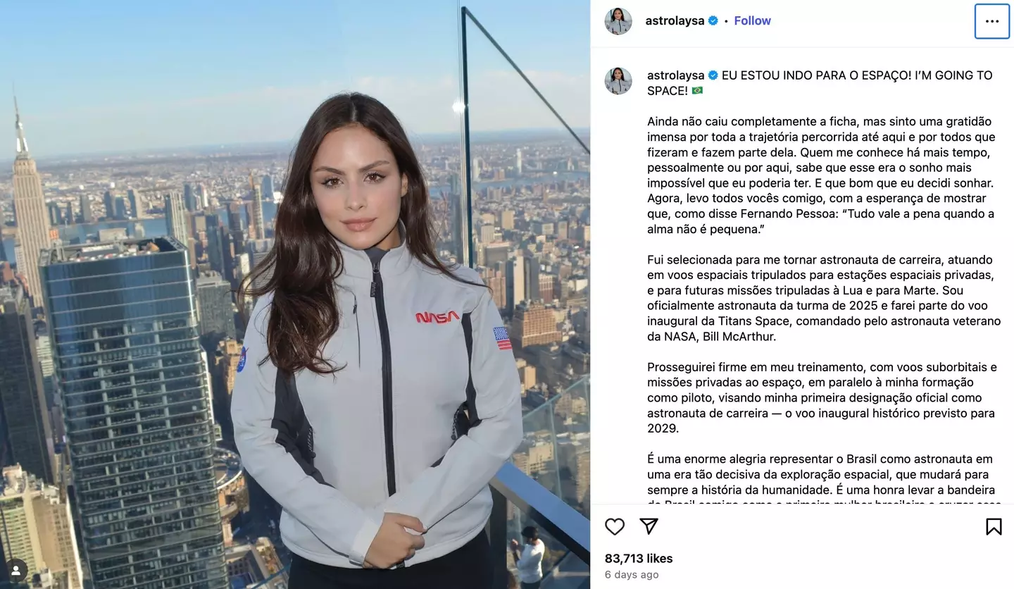 NASA has spoken out about Peixoto's claims (Instagram @astrolaysa)