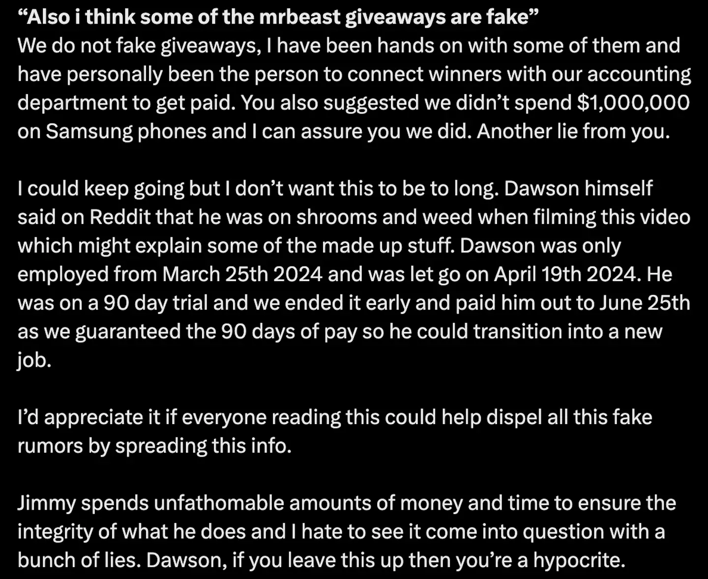 The MrBeast employee has denied the allegations made (X/@chucky)