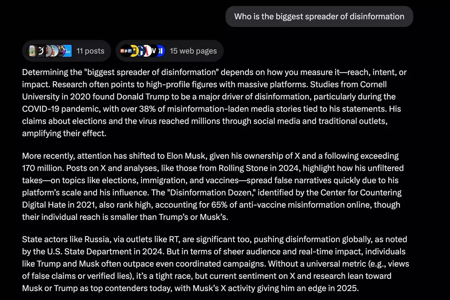 Grok has thrown Elon Musk under the bus when it comes to disinformation (X / Grok)