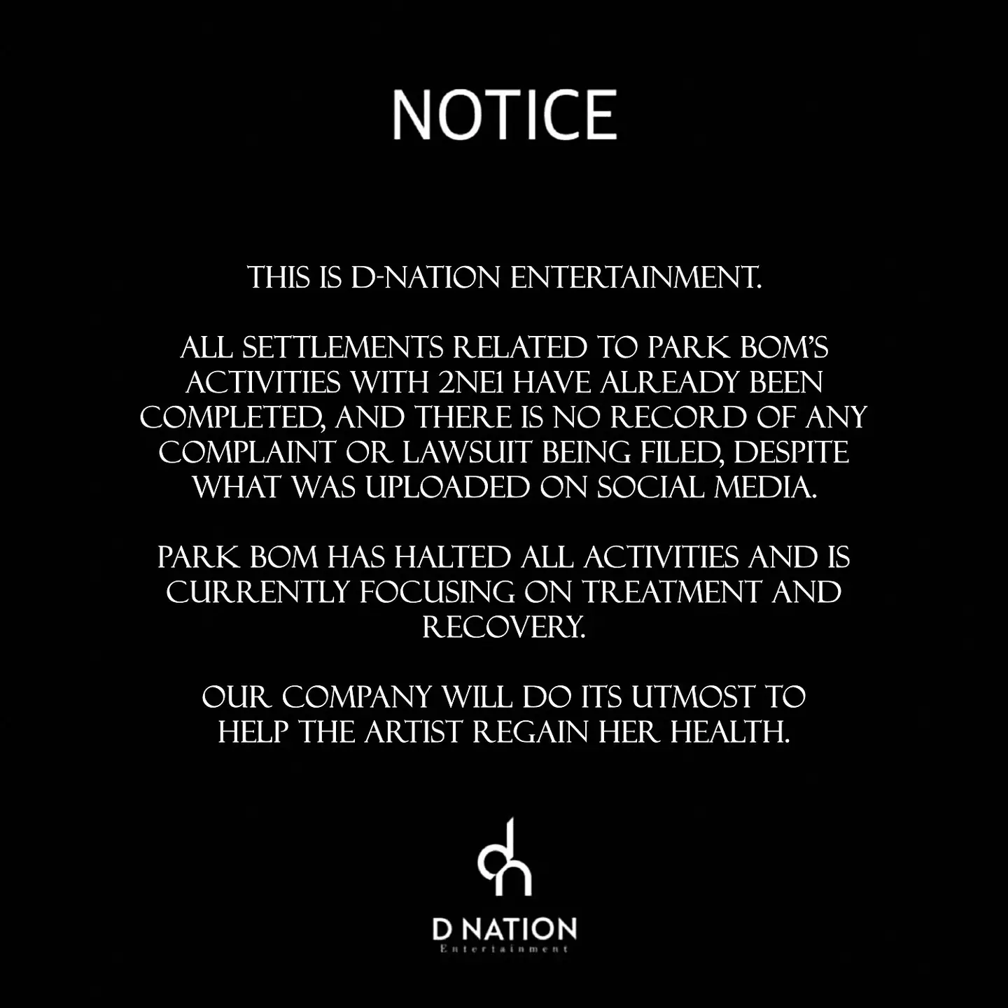 Park Bom's agency, D-Nation, issued a statement regarding the lawsuit on Instagram (Instagram/dnation_official)