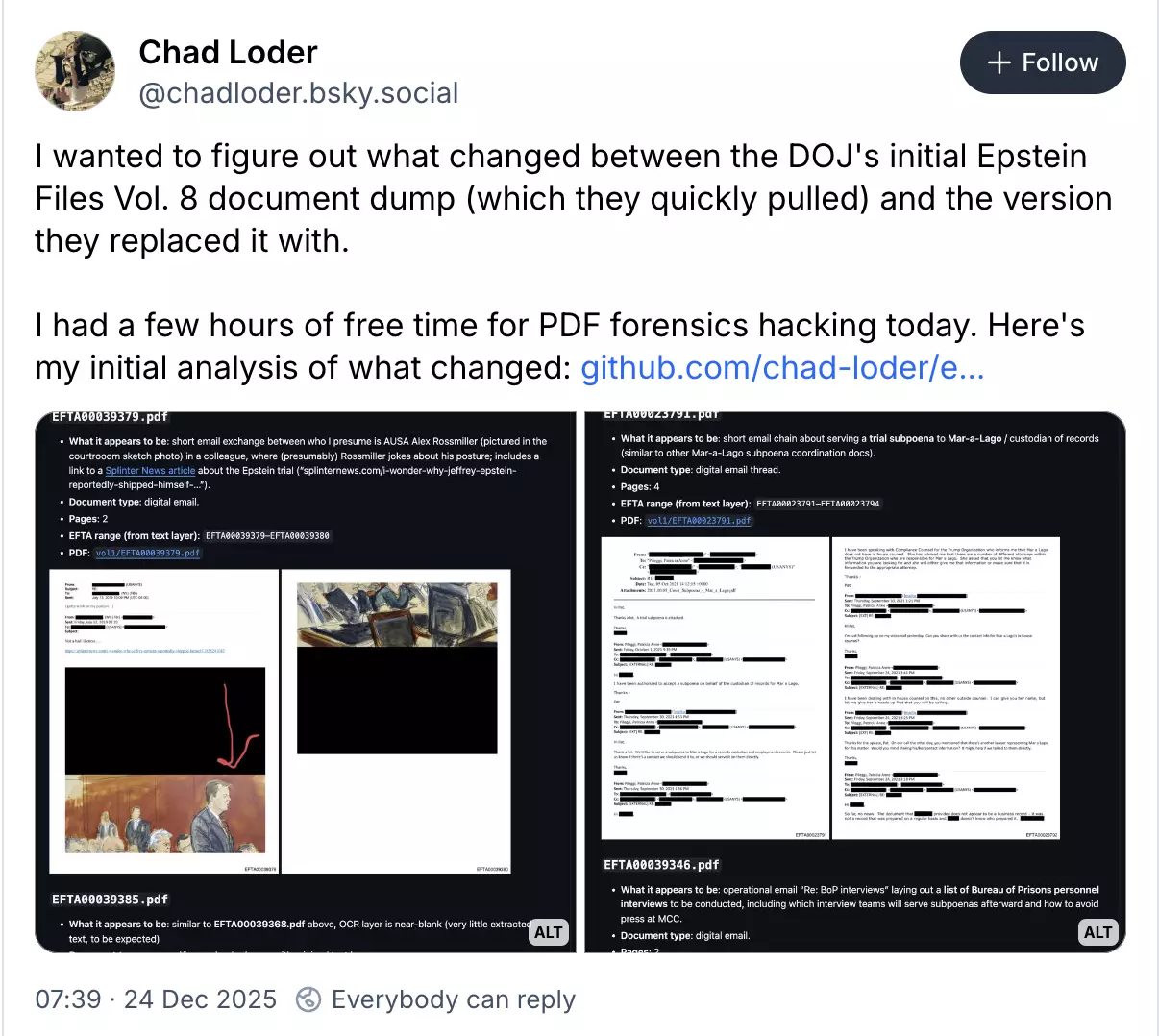 The long-awaited release of the files came heavily redacted (Bluesky)