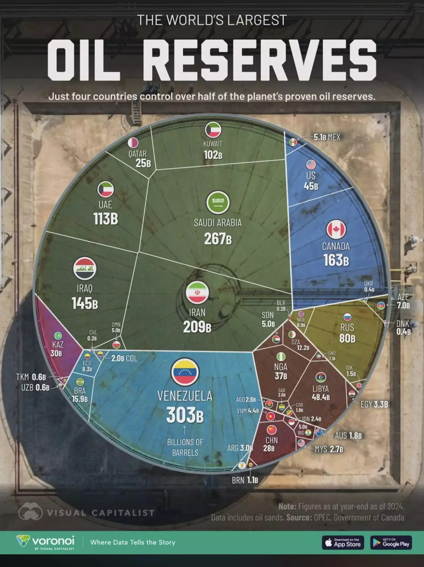 A map showing which countries hold the world's largest oil reserves (Few_Simple9049/Reddit)