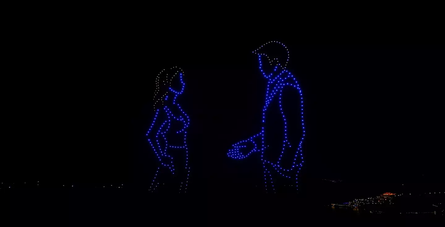 The drones illustrated the couple's love story (Youtube/@Mrwhosetheboss)