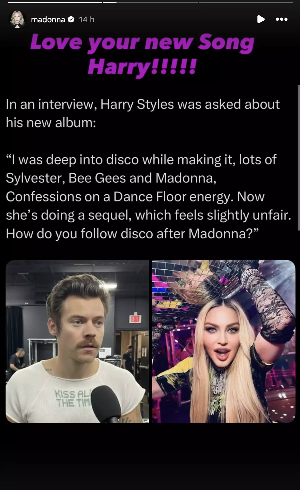 Madonna fell for an AI interview claiming to be of Harry Styles (Instagram/@madonna)