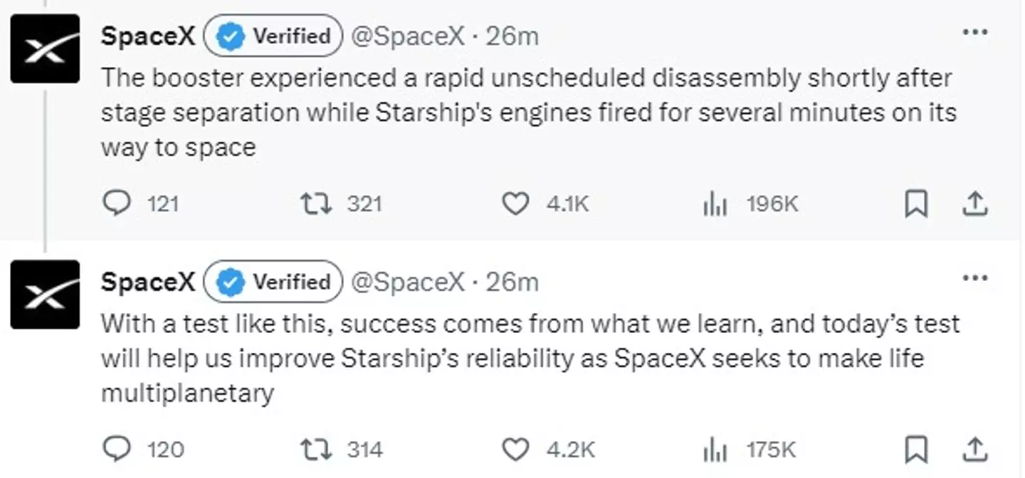 SpaceX posted on X following the launch