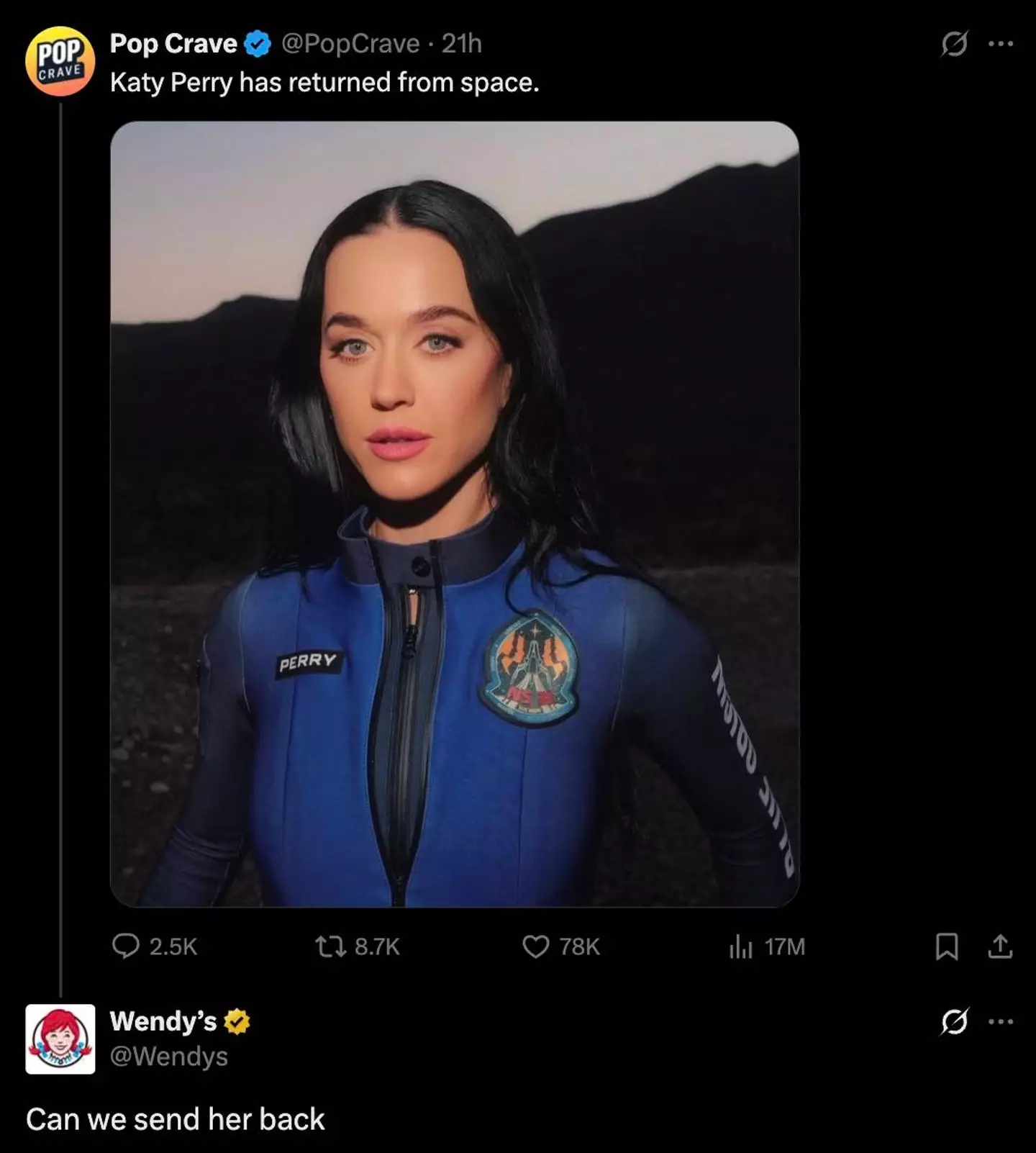 Wendy's went after Perry when she returned from space (X / Wendy's)