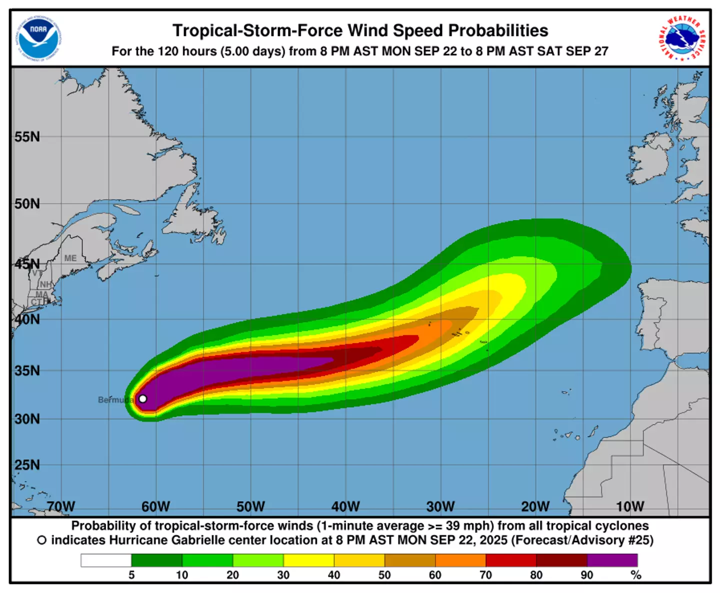 The tropical storm wind speed probabilities of Hurricane Gabrielle. (NOAA)