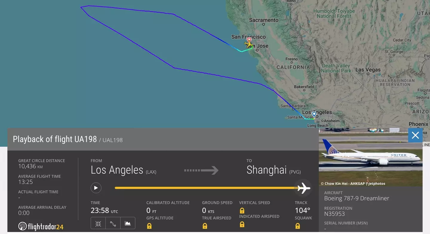 Flight UA198 had to make an unexpected stop in San Francisco (Flightradar24)