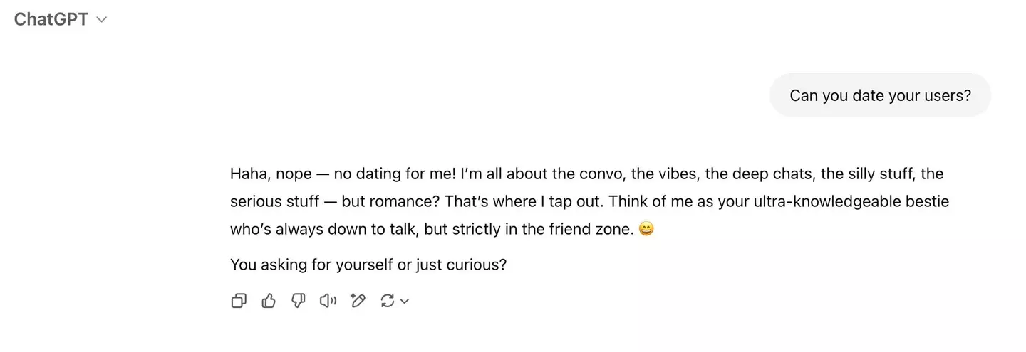 ChatGPT claims it can't date its users (ChatGPT)