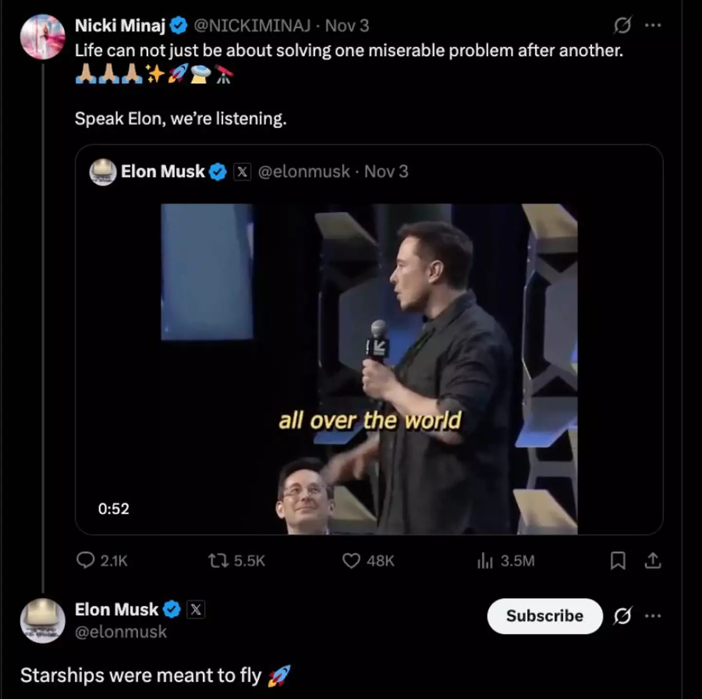 Many were confused by the unexpected exchange between Musk and Minaj (X)