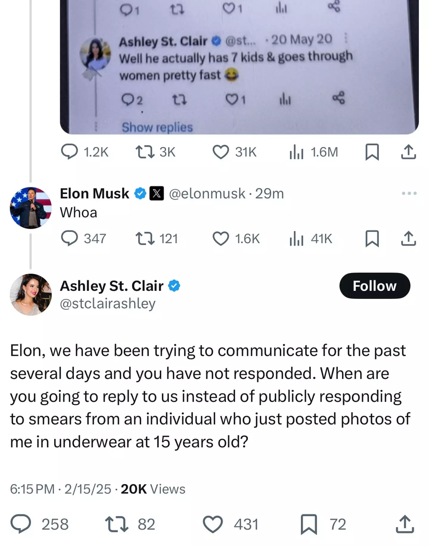 St. Clair posted a now-deleted response to Musk (X / Ashley St. Clair)