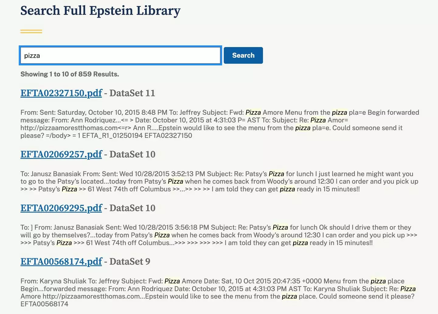 Pizza is mentioned 859 times in the Epstein files (DoJ)