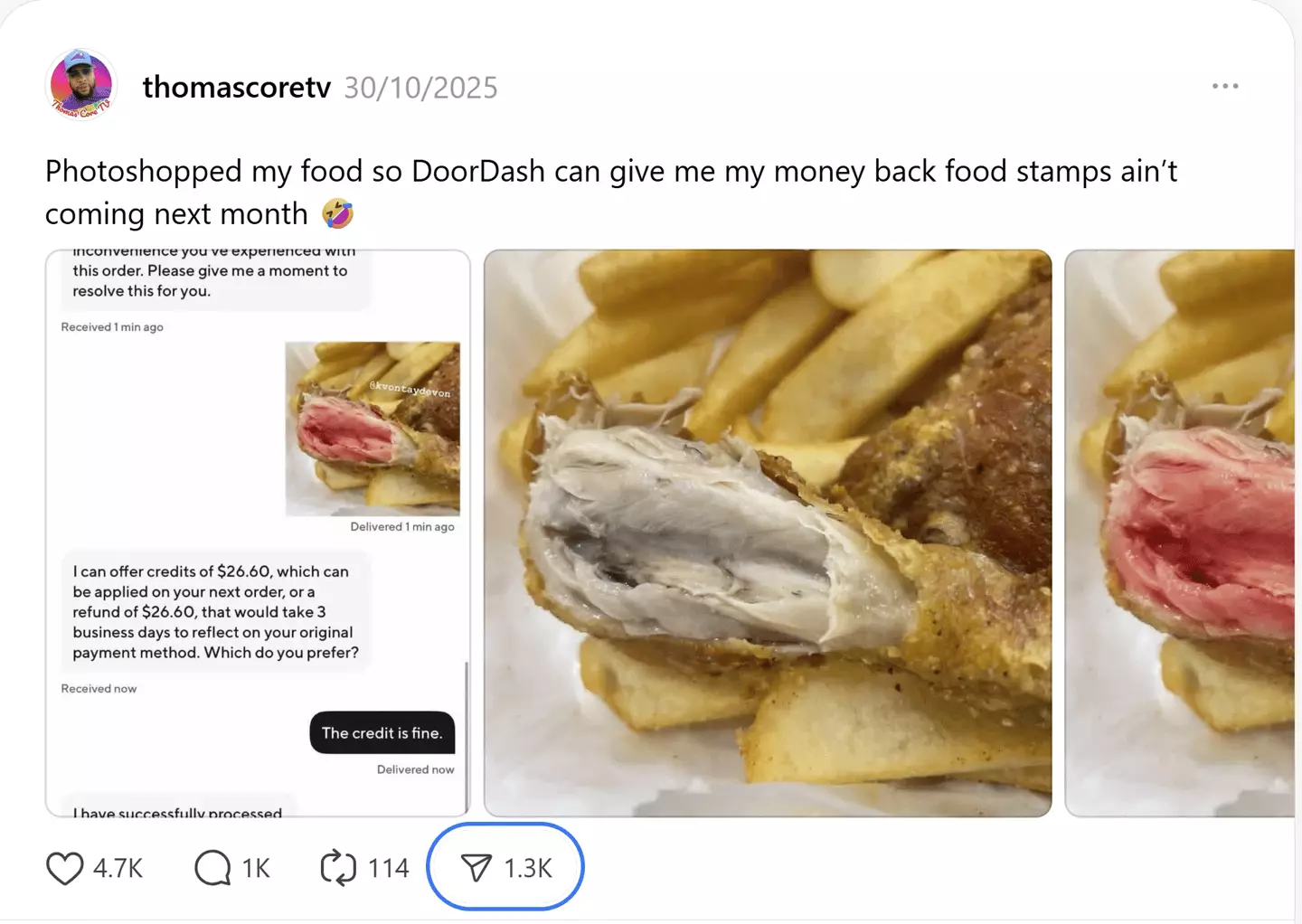 A number of people are using AI to claim free food (Thomascoretv/Threads)