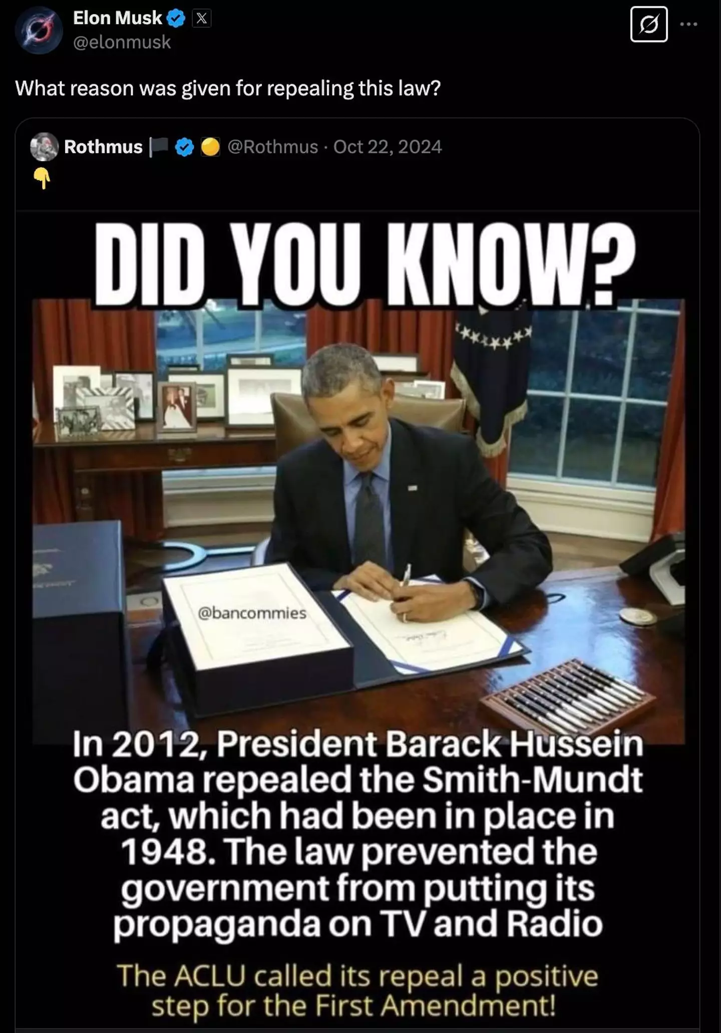 Musk was previously called out for sharing 'fake news' on the Smith-Mundt Act (X / Elon Musk)