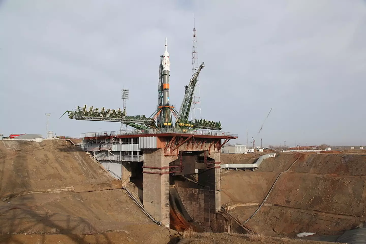 The Baikonur Cosmodrome's launchpad was left damaged after being accidentally 'blown up' last week (Roscosmos / Handout /Anadolu via Getty Images)