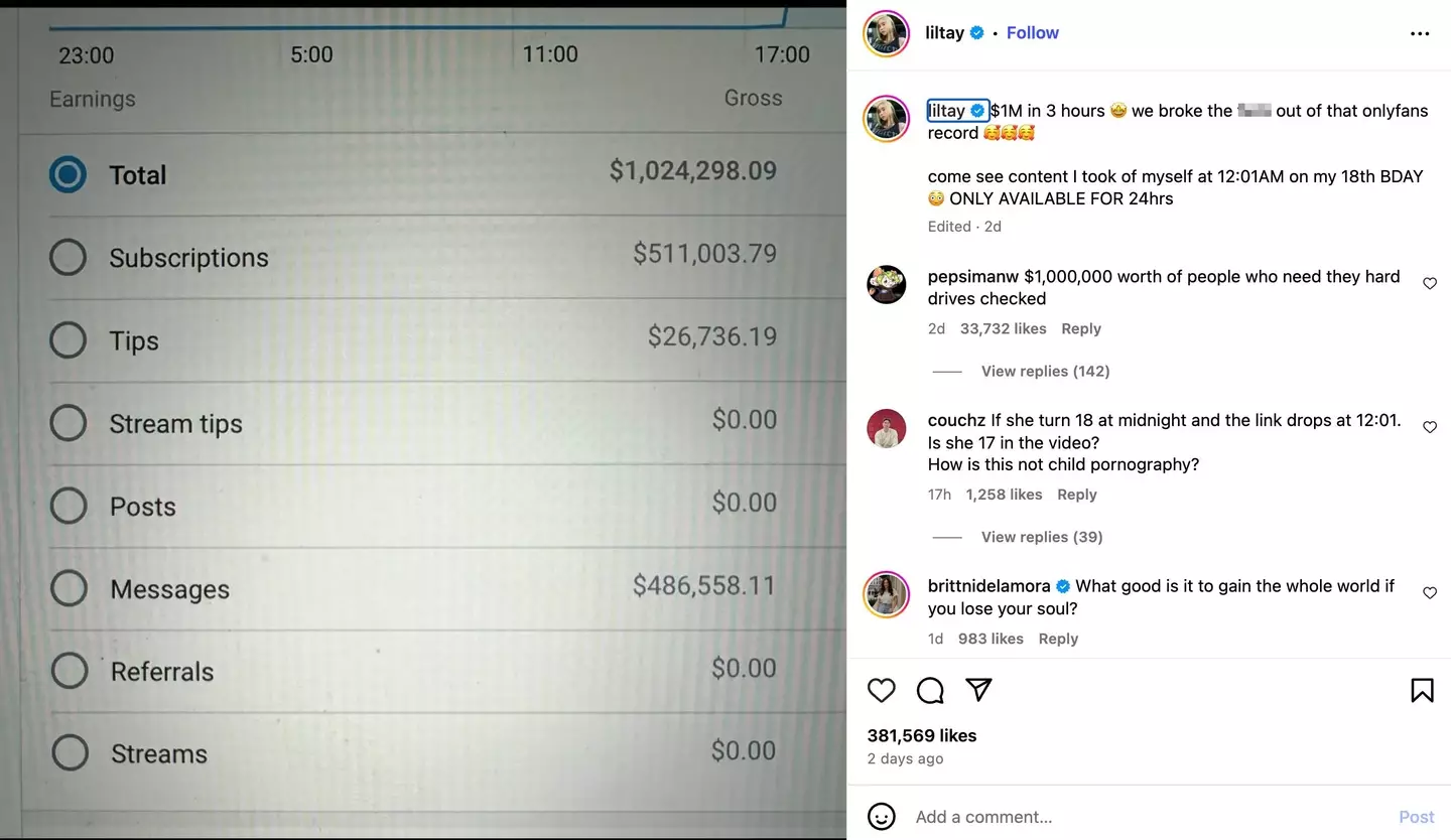 Lil Tay claims she's broken the OnlyFans earning record (Instagram / Lil Tay)