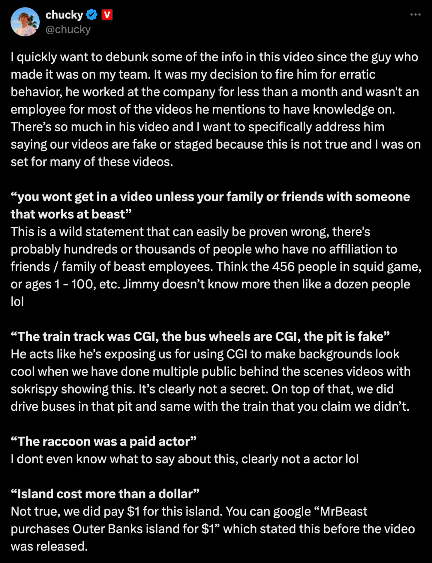 The MrBeast employee released a statement online (X/@chucky)