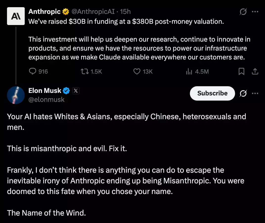 This isn't the first time Musk has taken issue with Anthropic (X)
